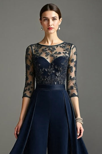 Navy Round Neck 3/4 Sleeves Mother Of The Bride Jumpsuit With Streamer